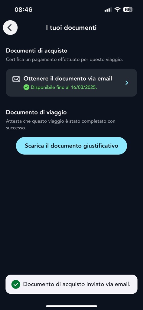 Schermata della scheda I tuoi documenti dell'applicazione SNCF Connect